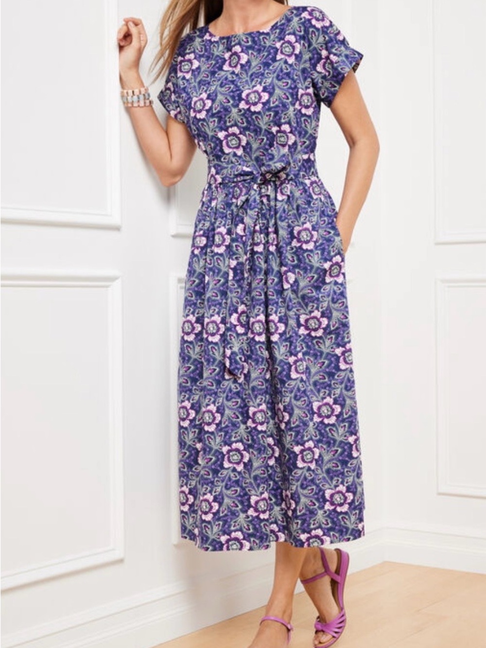Talbots Poplin Fit & Flare Dress Lexington floral print 8 Cotton Purple blue